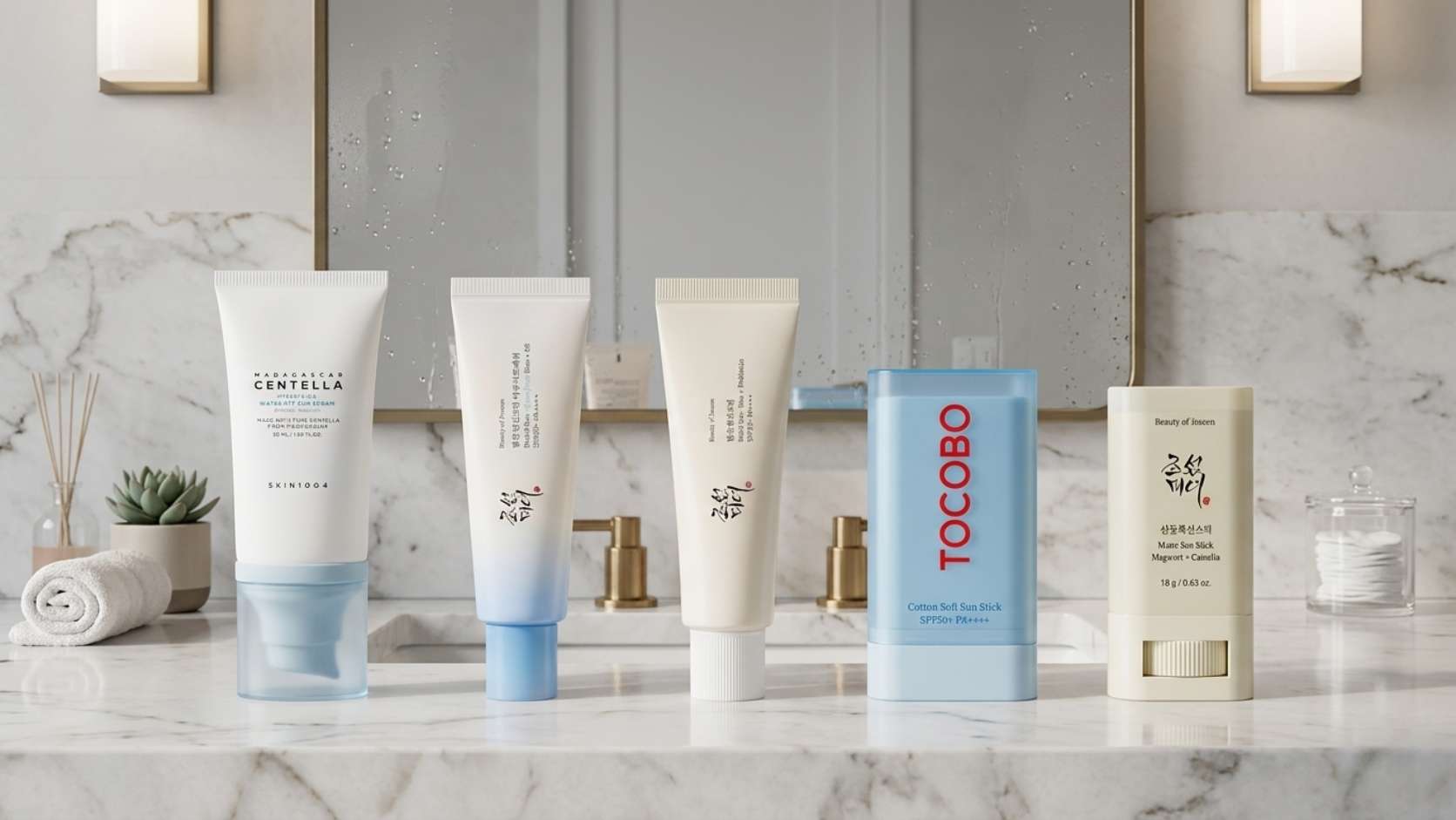 Colección de protectores solares de skincare coreano original con textura ligera y sin rastro blanco