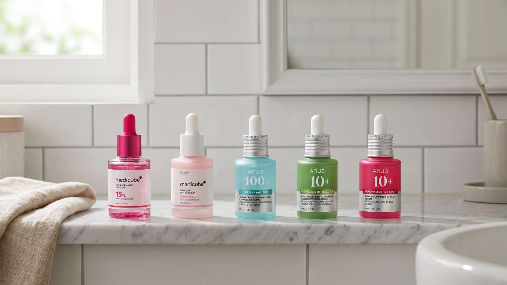 Colección de serums faciales de skincare coreano original para tratamiento de manchas y acné