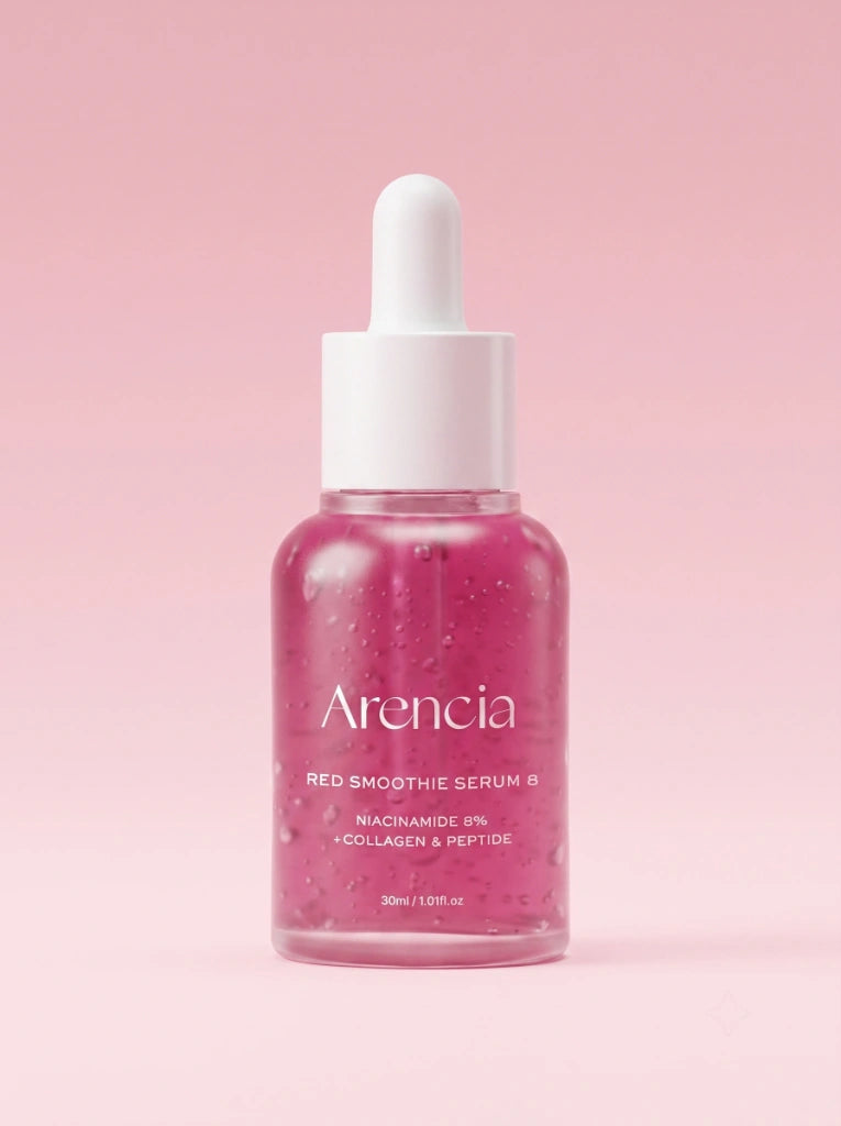 Arencia Fresh Red Smoothie Serum 8. Frasco del suero revitalizante iluminador sobre fondo de estudio.
