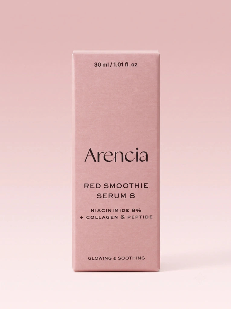Arencia Fresh Red Smoothie Serum 8. Caja exterior de cartón del empaque original de este sérum.