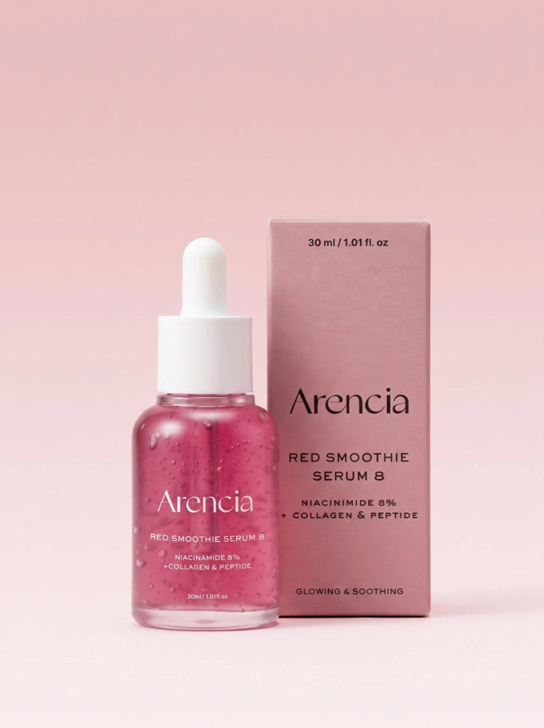Arencia Fresh Red Smoothie Serum 8. El frasco del suero coreano exhibido junto a su empaque.