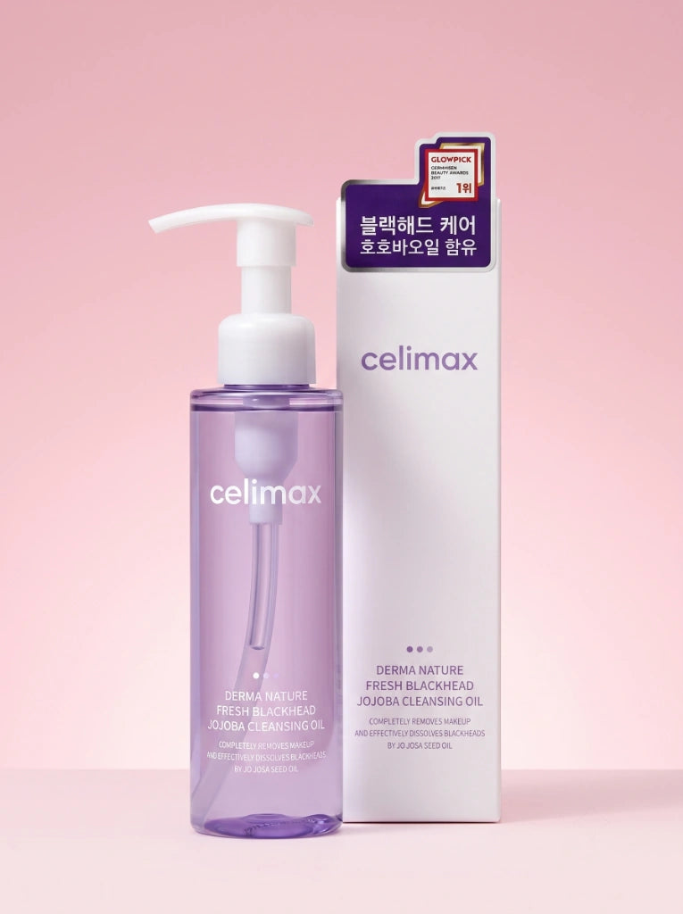 Celimax Derma Nature Fresh Blackhead Jojoba Cleansing Oil. El frasco del limpiador facial junto a su empaque original.