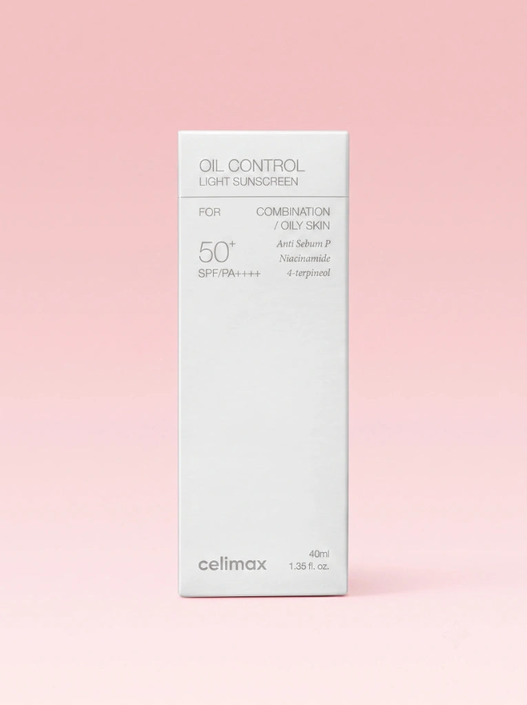 Celimax Oil Control Light Sunscreen. Caja exterior de cartón del producto solar para piel grasa.