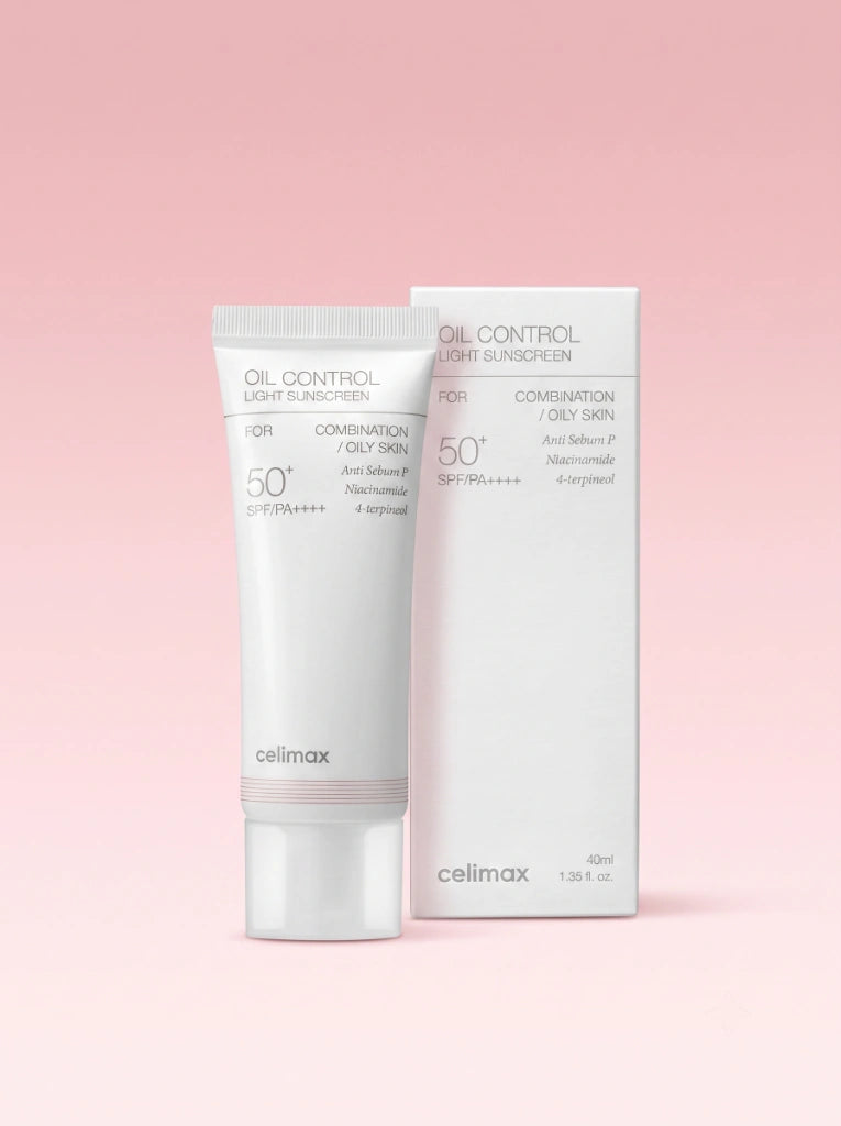 Celimax Oil Control Light Sunscreen. Caja exterior de cartón del producto solar para piel grasa.