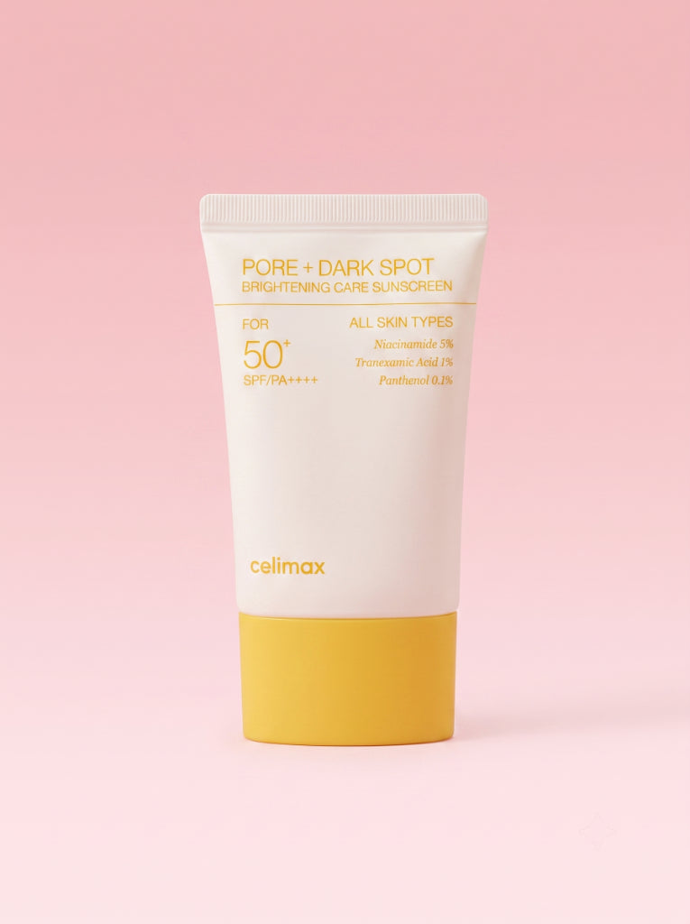 Celimax Pore + Dark Spot Brightening Care Sunscreen. Tubo del protector solar iluminador en fondo de estudio.