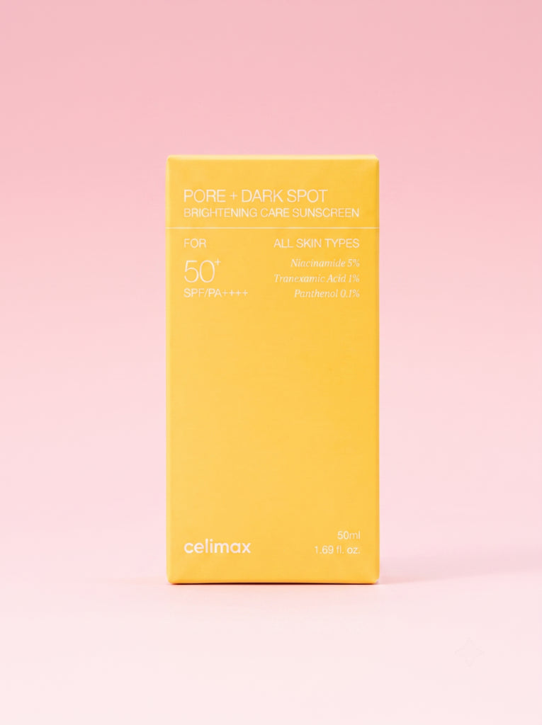 Celimax Pore + Dark Spot Brightening Care Sunscreen. Caja exterior de cartón de este bloqueador despigmentante.