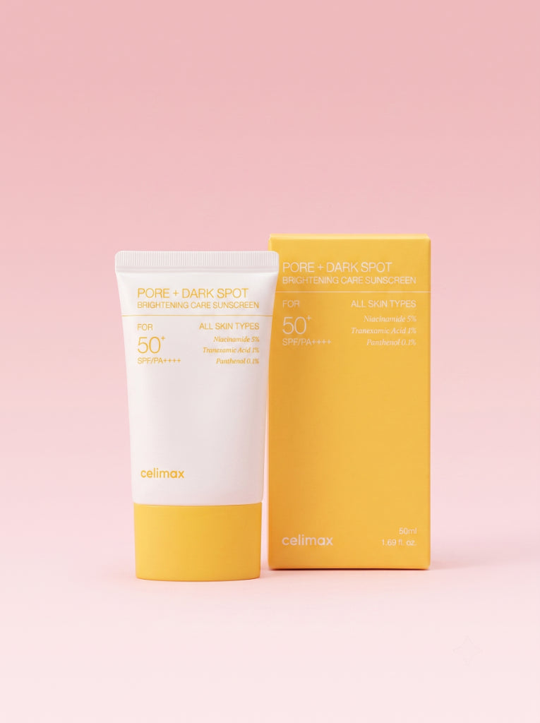 Celimax Pore + Dark Spot Brightening Care Sunscreen. El tubo del protector solar exhibido junto a su empaque.