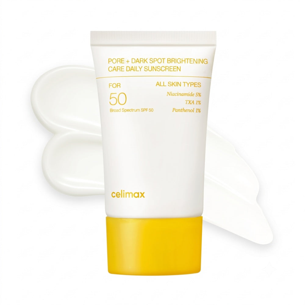 Celimax Pore + Dark Spot Brightening Care Sunscreen. Envase principal del bloqueador coreano antimanchas.