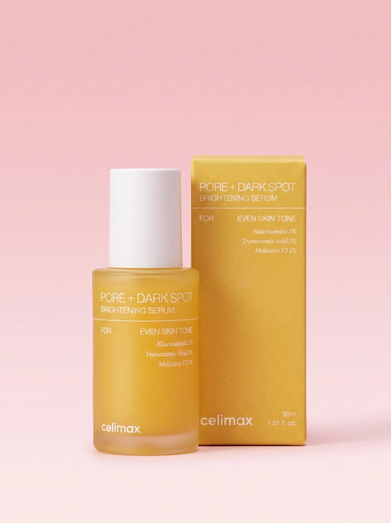 Celimax Pore + Dark Spot Brightening Serum. El envase del sérum antimanchas exhibido junto a su empaque.