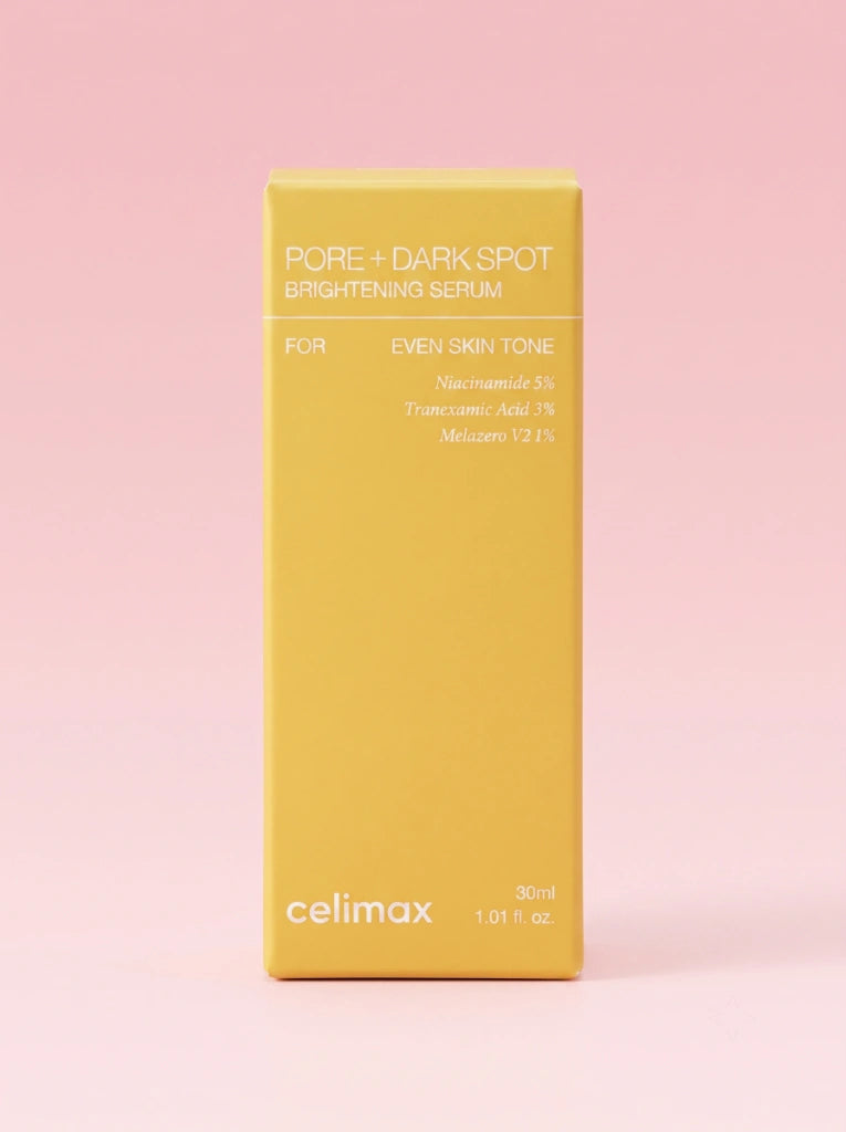 Celimax Pore + Dark Spot Brightening Serum. Caja exterior de cartón del tratamiento despigmentante facial.