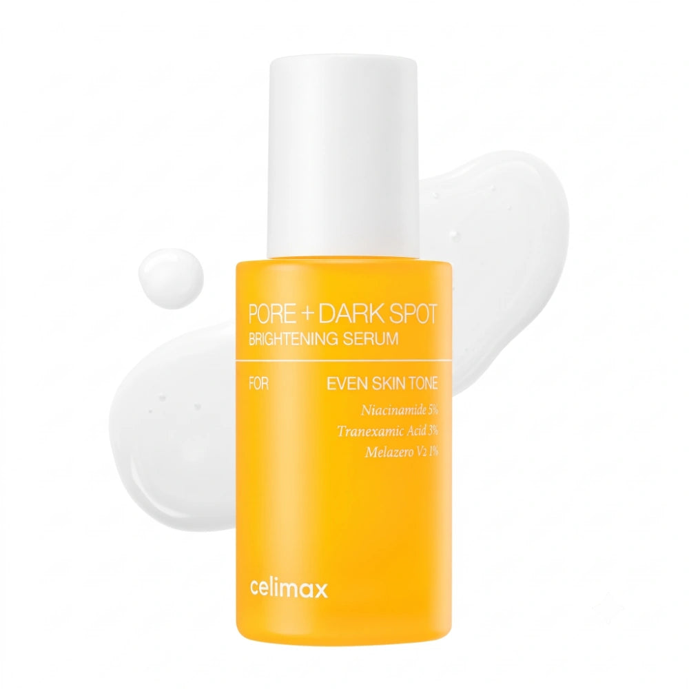 Celimax Pore + Dark Spot Brightening Serum. Envase principal del sérum facial coreano para manchas y poros.
