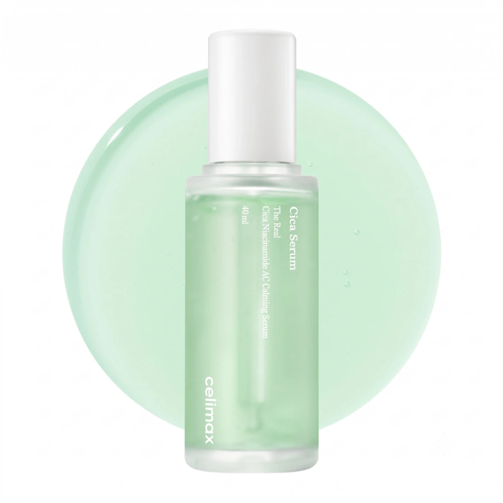 Celimax The Real Cica Niacinamide AC Calming Serum. Envase principal del sérum facial coreano para acné.
