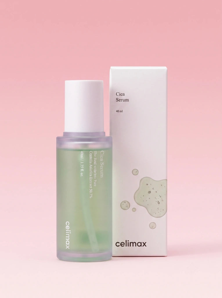 Celimax The Real Cica Niacinamide AC Calming Serum. El frasco del sérum de cica exhibido junto a su empaque original.