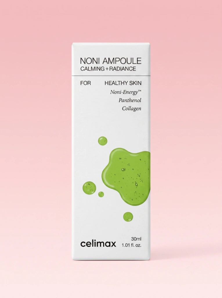 Celimax The Real Noni Energy Ampoule 30ml. Caja exterior de cartón del tratamiento facial con extracto de noni.