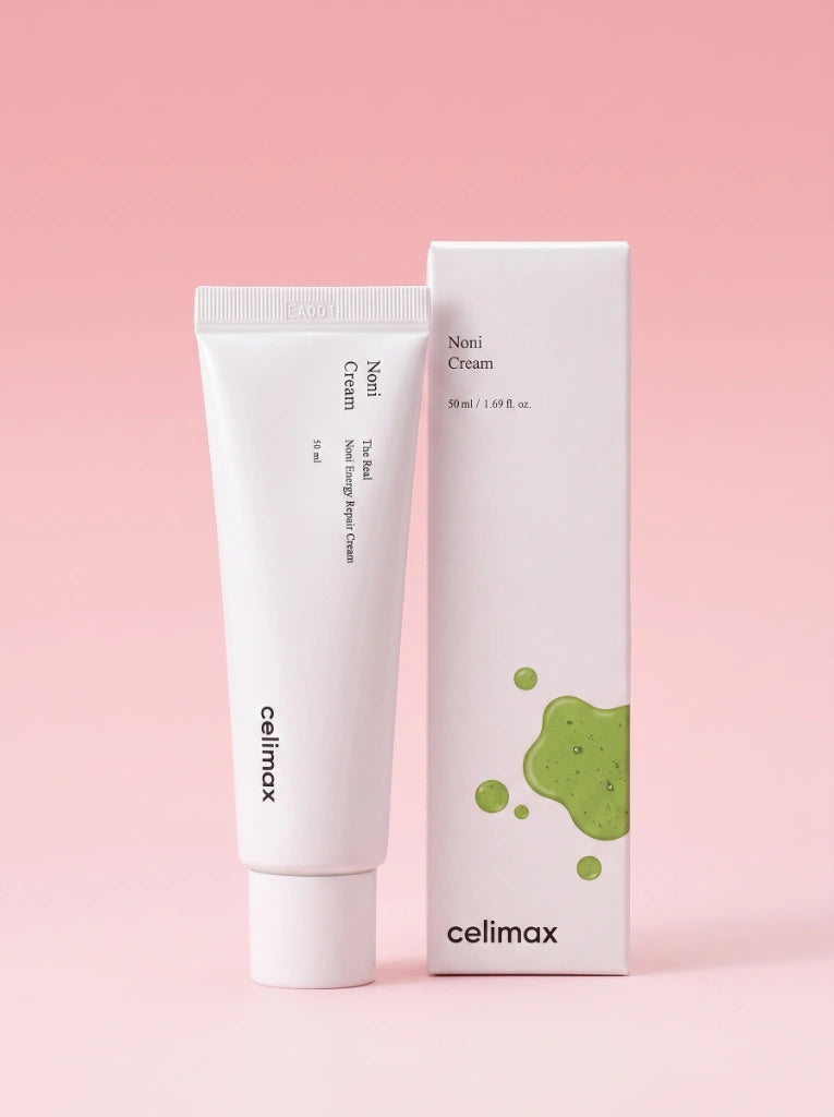 Celimax The Real Noni Energy Repair Cream. El tarro de la crema facial exhibido junto a su empaque original.