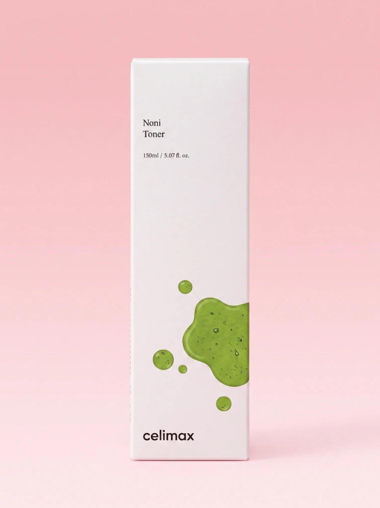 Celimax The Real Noni Moisture Balancing Toner. Caja exterior de cartón del producto facial calmante y nutritivo.