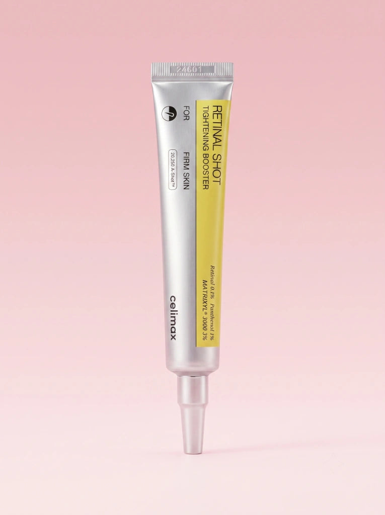 Celimax The Vita-A Retinal Shot Tightening Booster. Tubo del booster antiedad para arrugas sobre fondo de estudio.