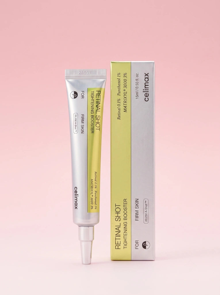 Celimax The Vita-A Retinal Shot Tightening Booster. El envase del tratamiento de retinal junto a su empaque.