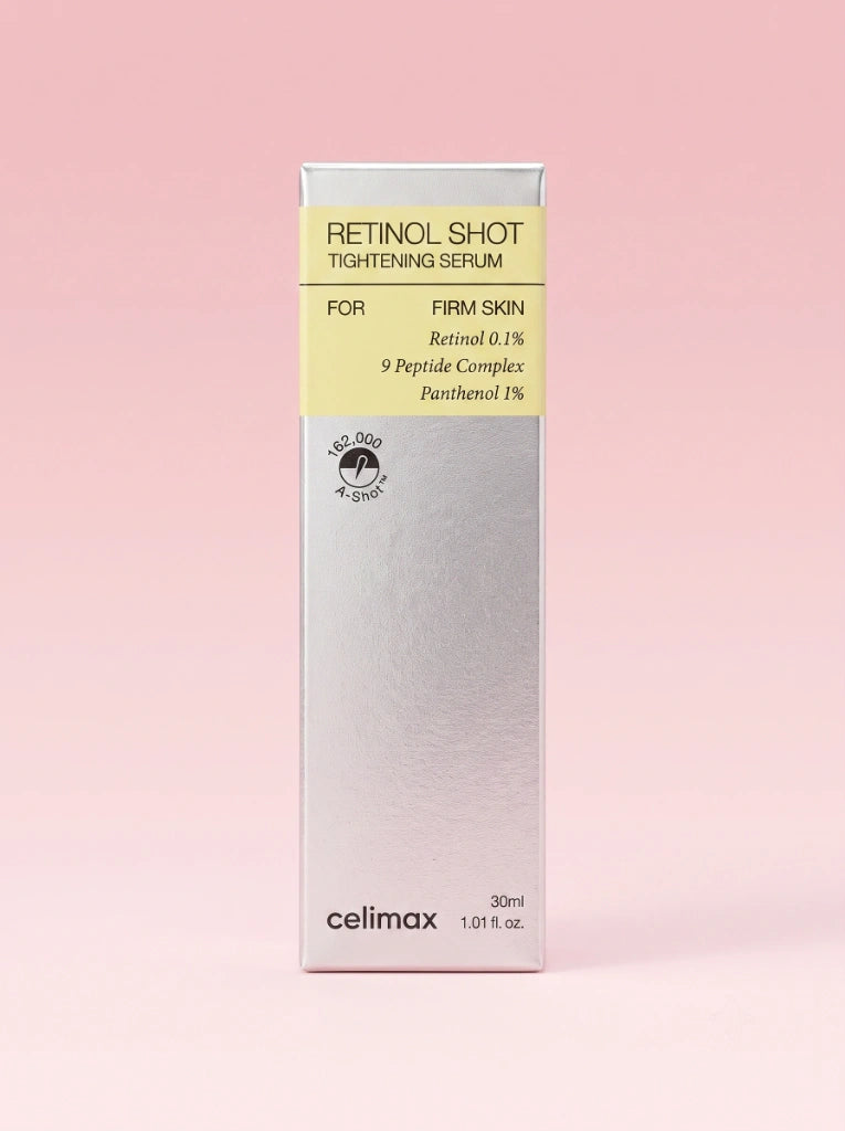 Celimax The Vita-A Retinol Shot Tightening Serum. Caja exterior de cartón del tratamiento facial con vitamina A.