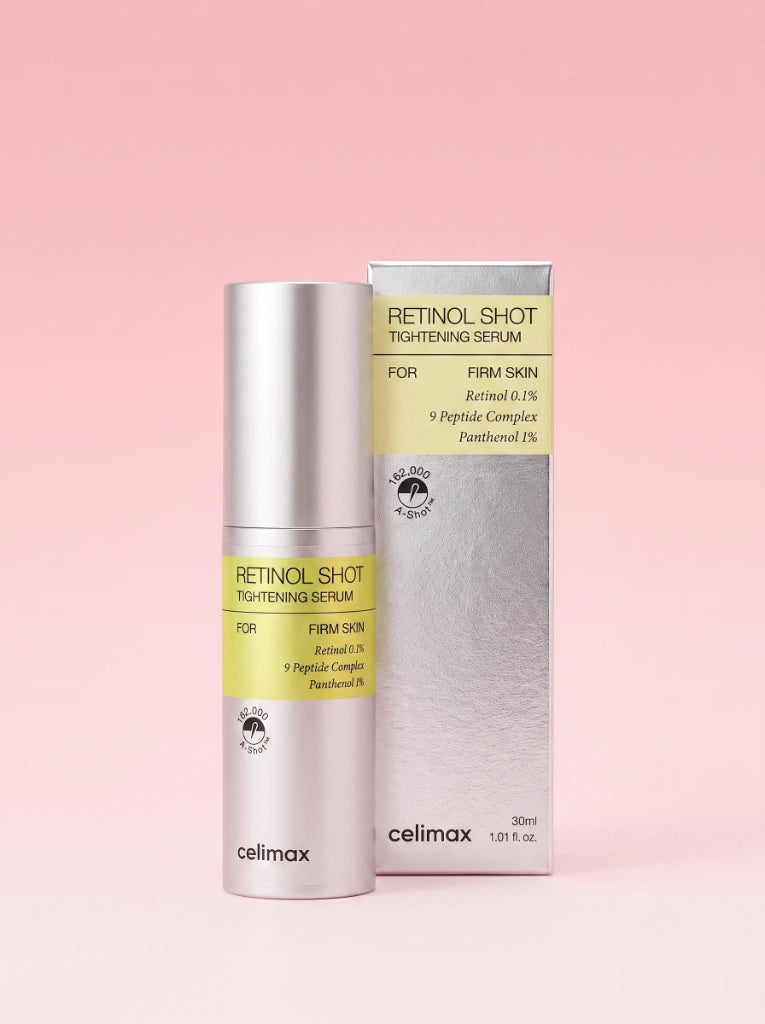 Celimax The Vita-A Retinol Shot Tightening Serum. El frasco del sérum de retinol exhibido junto a su empaque.