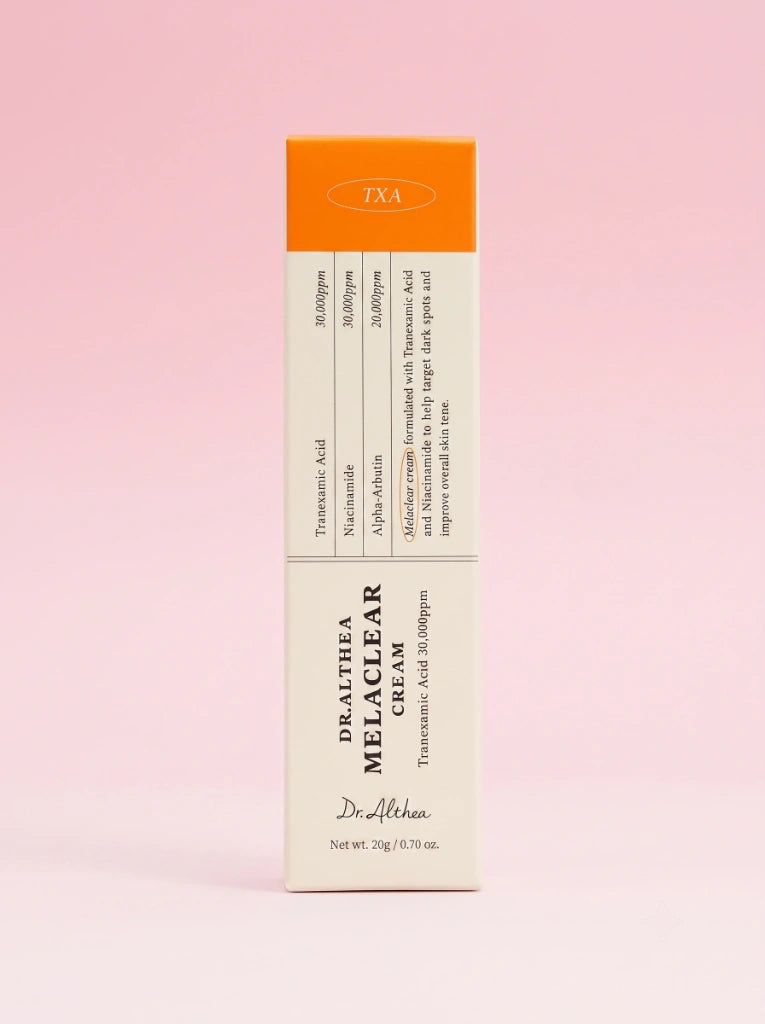 Dr Althea Melaclear Cream. Caja exterior de cartón del empaque original de este tratamiento iluminador.
