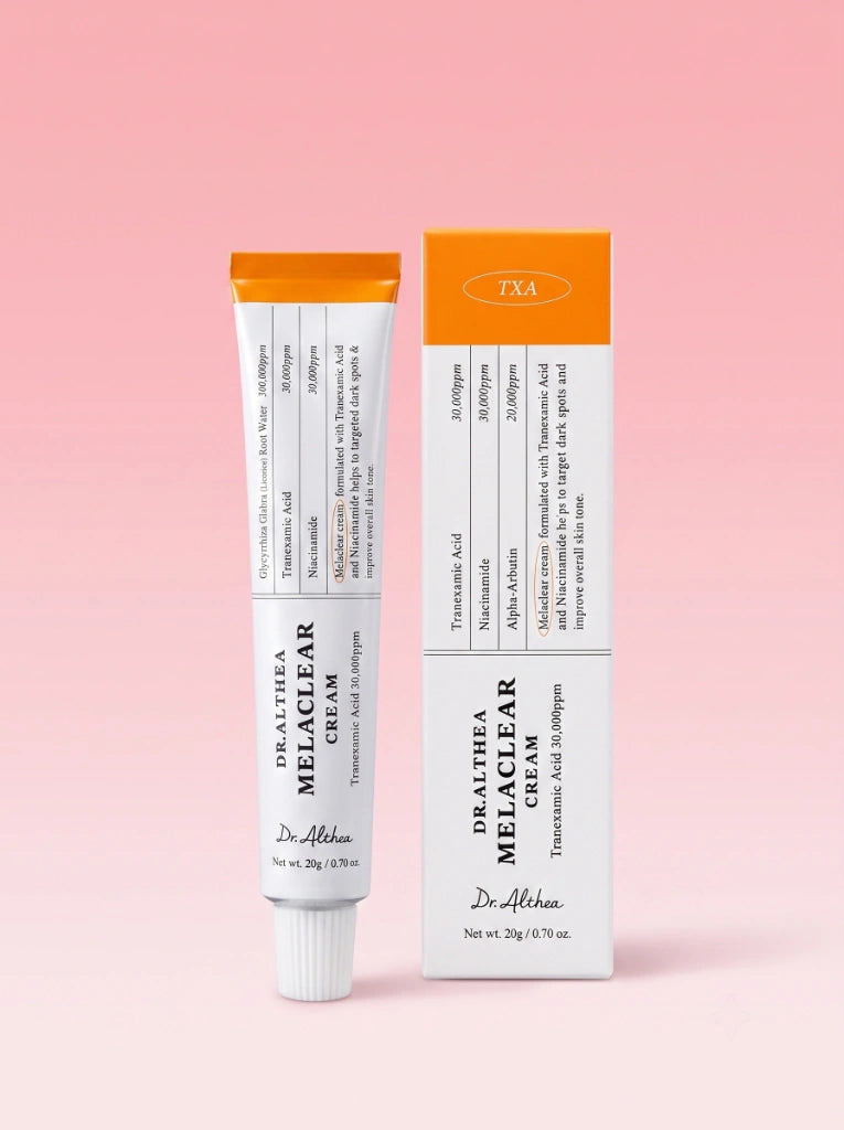 Dr Althea Melaclear Cream. El envase de la crema despigmentante exhibido junto a su empaque de caja.