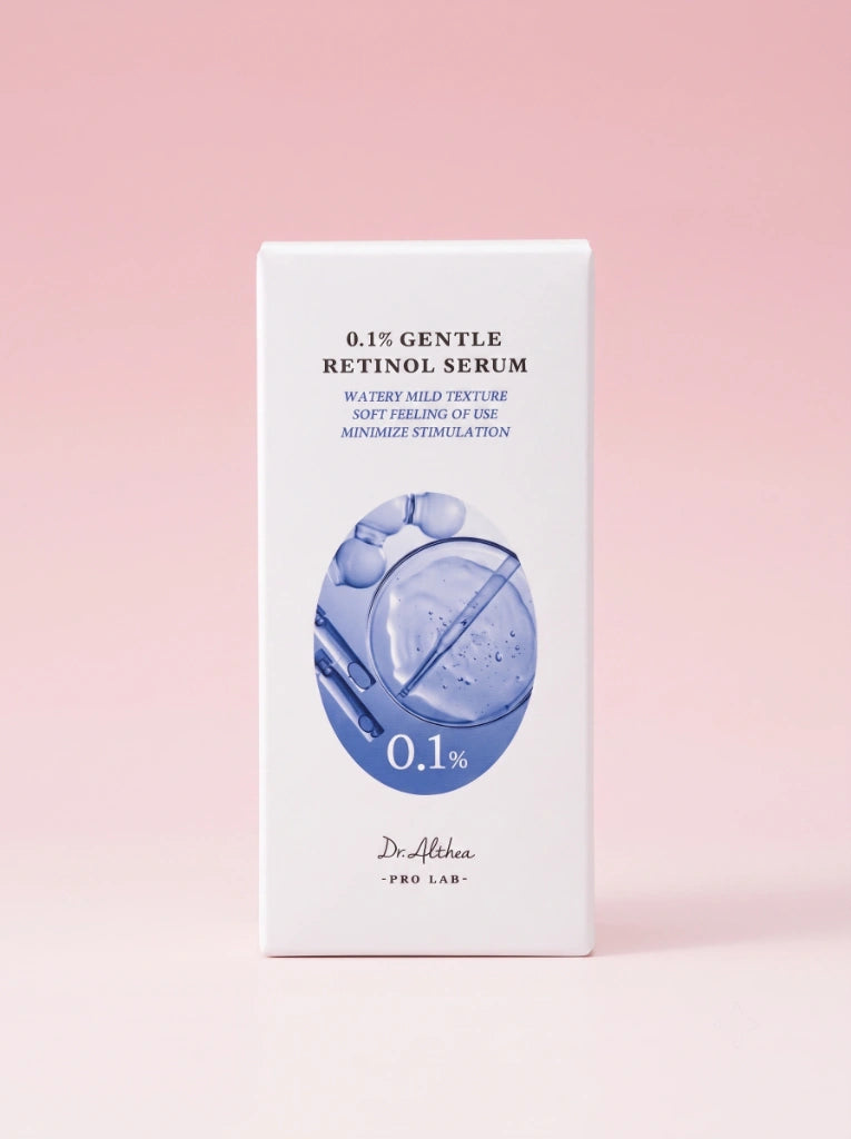 Dr Althea 0.1% Gentle Retinol Serum. Caja exterior de cartón del producto con retinol para renovar la piel.