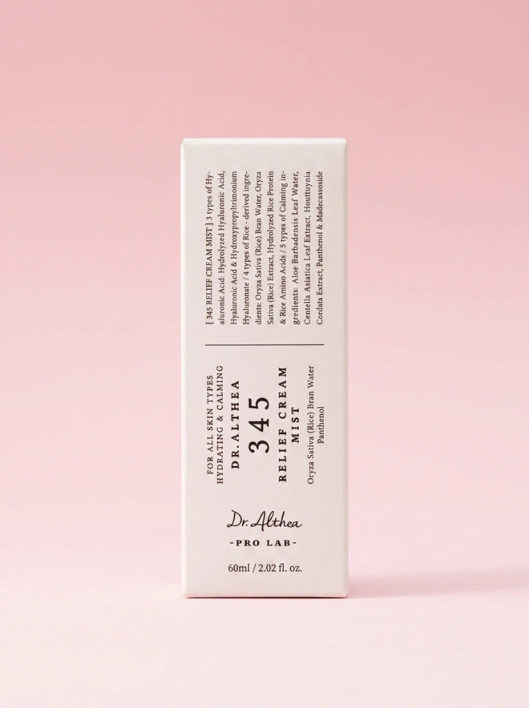 Dr Althea 345 Relief Cream Mist. Caja exterior de cartón de la bruma coreana con pantenol para piel sensible.