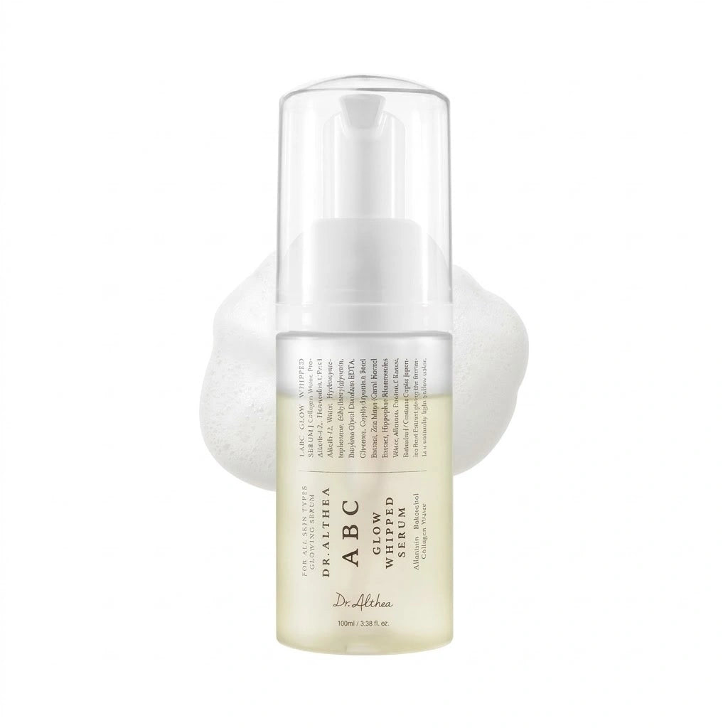 Dr. Althea ABC Glow Whipped Serum. Envase del sérum facial iluminador coreano, toma frontal principal.