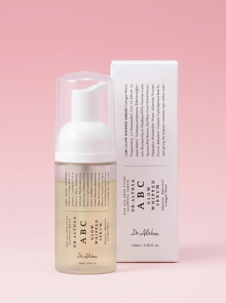 Dr. Althea ABC Glow Whipped Serum. Envase del suero iluminador coreano junto a su caja original de empaque.