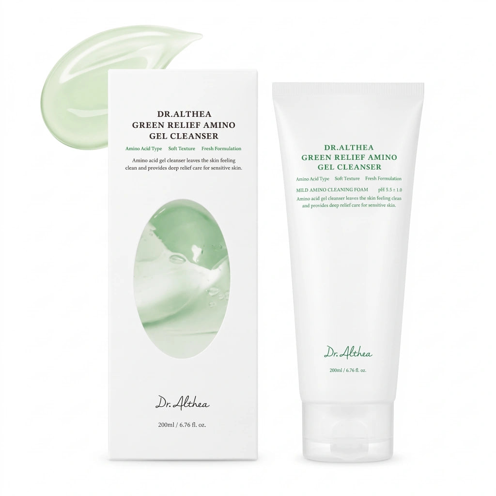 Dr. Althea Green Relief Amino Gel Cleanser. Envase del gel limpiador facial coreano para piel sensible, toma frontal.