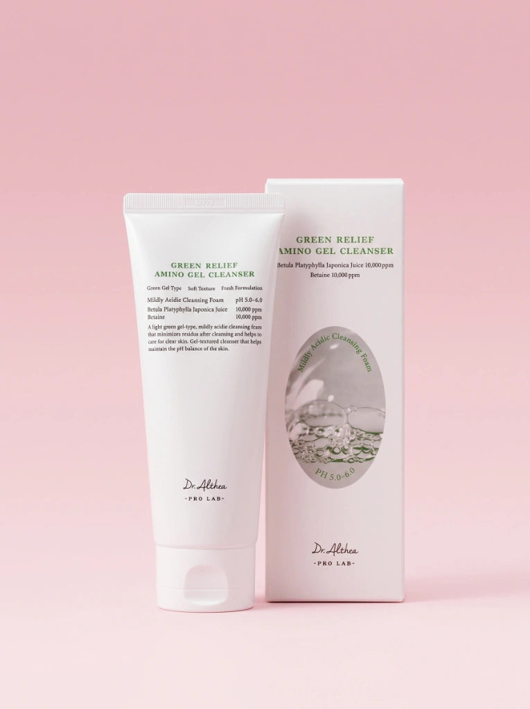 Dr. Althea Green Relief Amino Gel Cleanser. Caja protectora exterior del limpiador hidratante coreano.