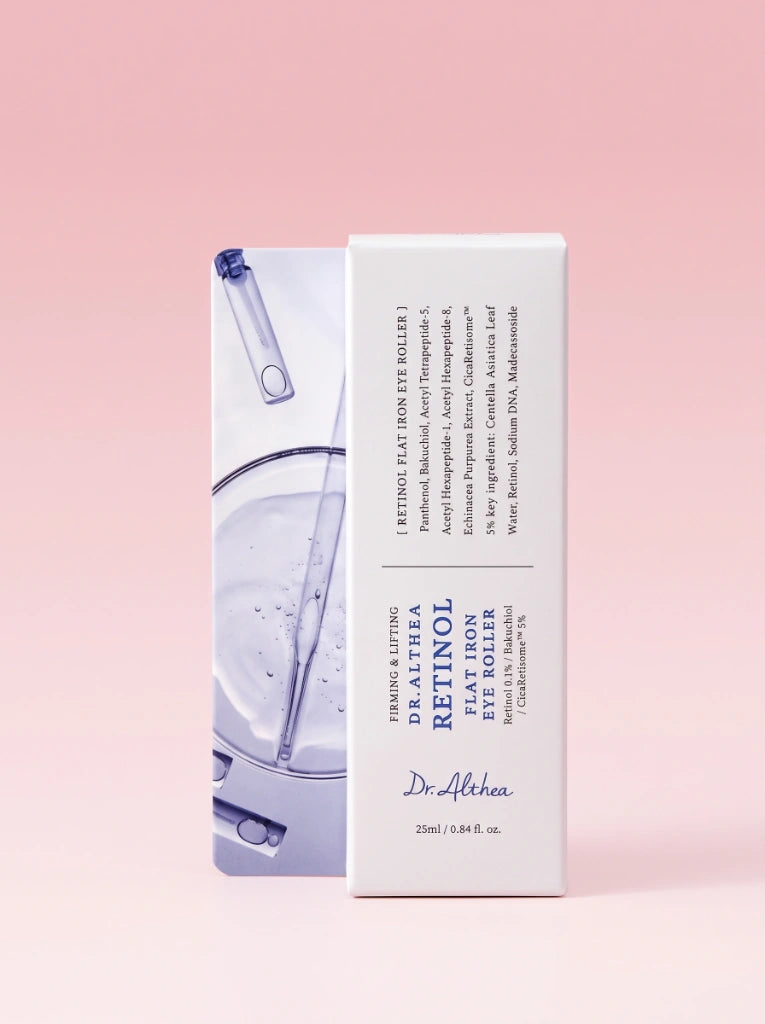 Dr. Althea Retinol Flat Iron Eye Roller. Caja protectora exterior de la crema coreana para el contorno de ojos.