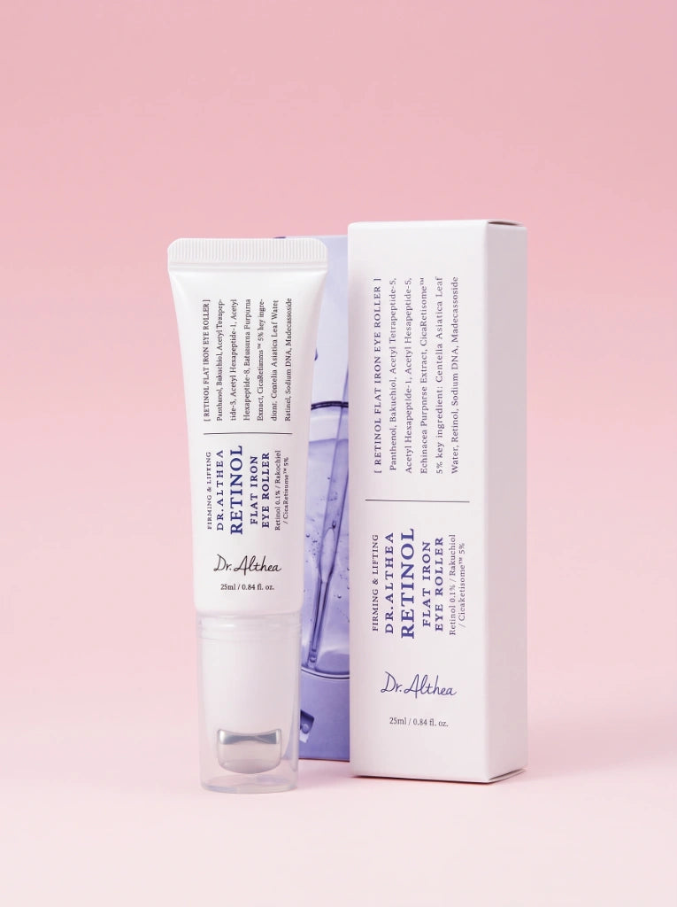 Dr. Althea Retinol Flat Iron Eye Roller. Caja protectora exterior de la crema coreana para el contorno de ojos.