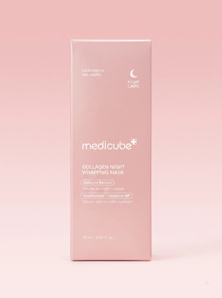 Medicube Collagen Night Wrapping Mask. Caja protectora exterior de la mascarilla facial reafirmante.