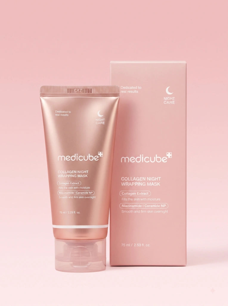 Medicube Collagen Night Wrapping Mask. Envase de la sleeping mask de colágeno junto a su caja original.