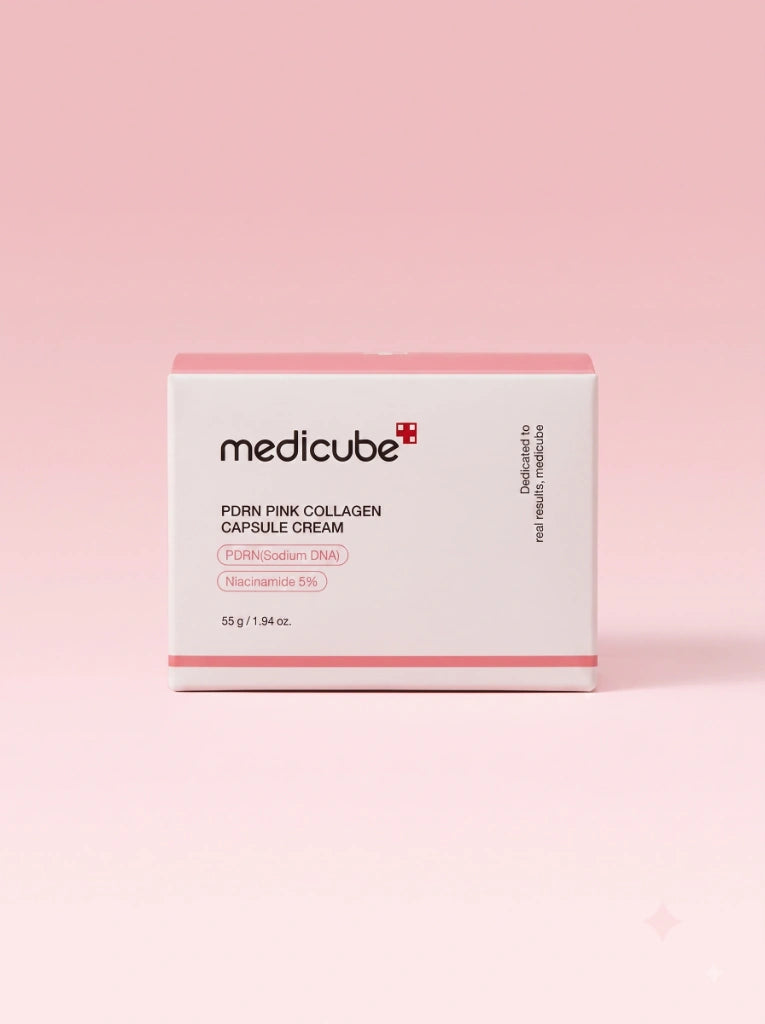Medicube PDRN Pink Collagen Capsule Cream. Caja protectora exterior de la crema facial antienvejecimiento.