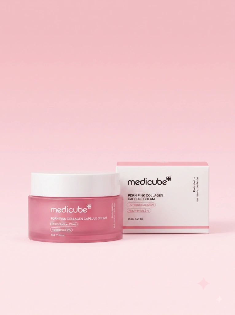 Medicube PDRN Pink Collagen Capsule Cream. Envase de la crema con PDRN junto a su caja original de empaque.