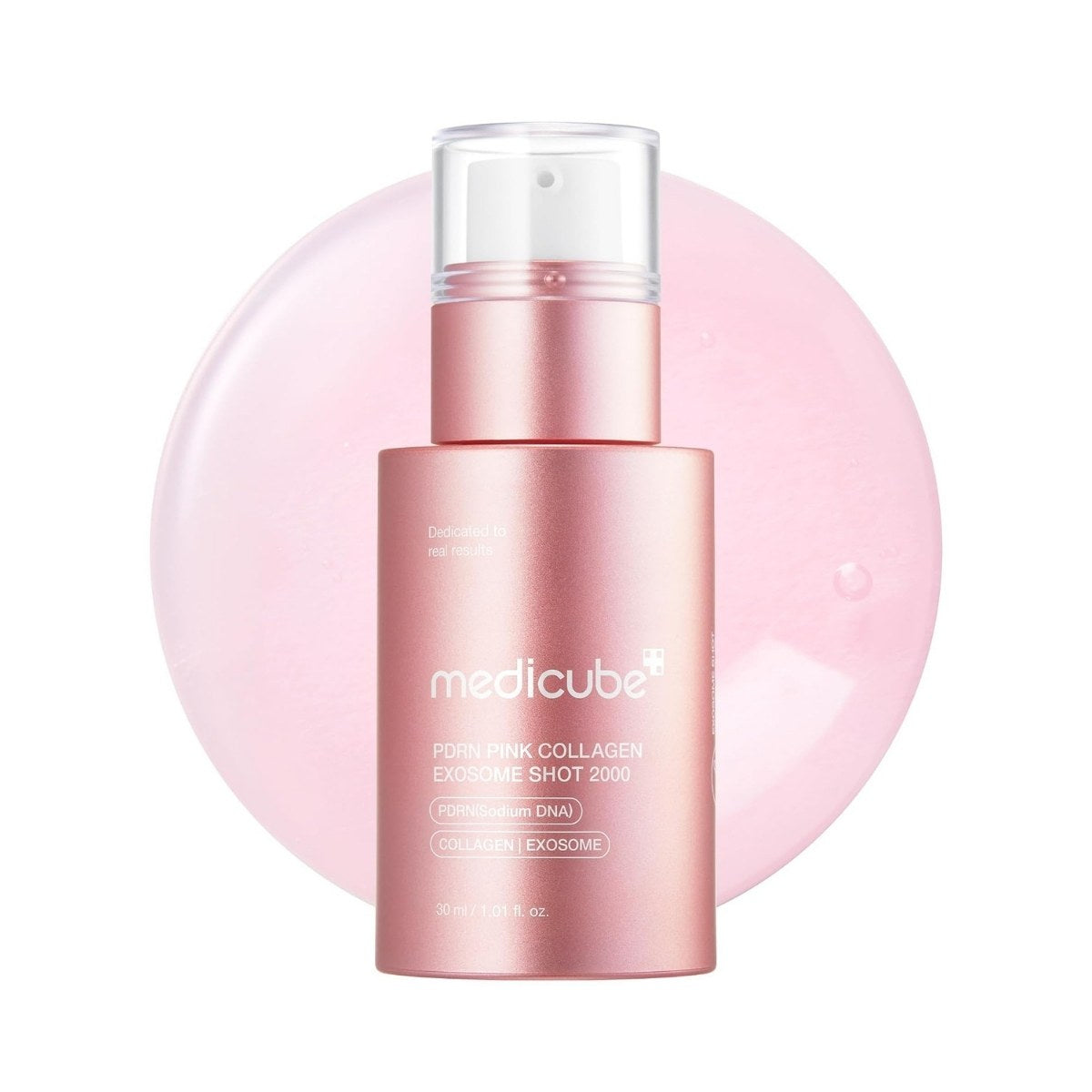 Medicube PDRN Pink Collagen Exosome Shot Serum 2000. Envase del sérum intensivo con exosomas, toma frontal.