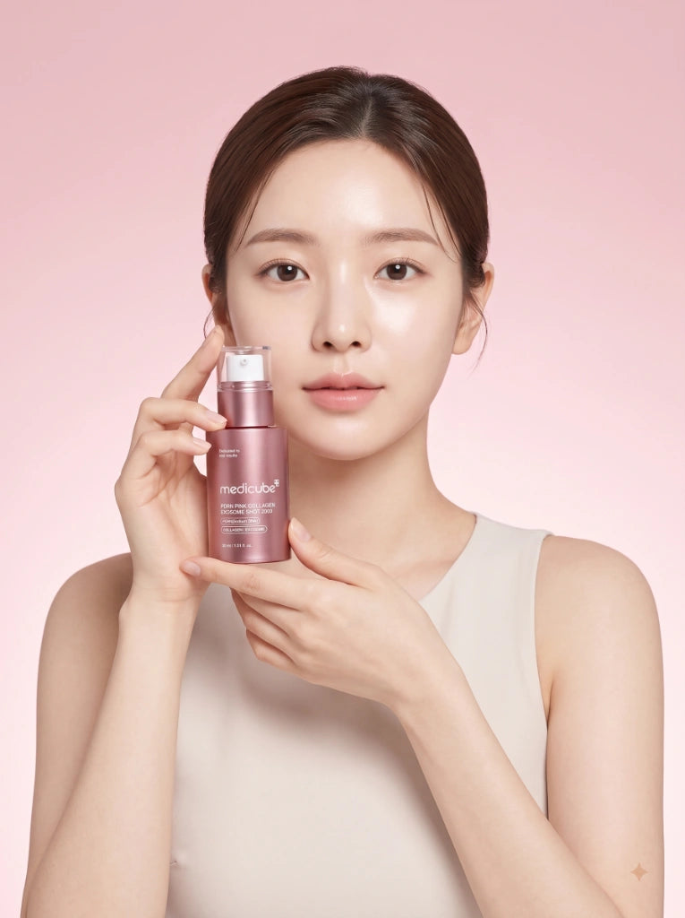 Medicube PDRN Pink Collagen Exosome Shot Serum 2000. Modelo sosteniendo el frasco del sérum en la mano.