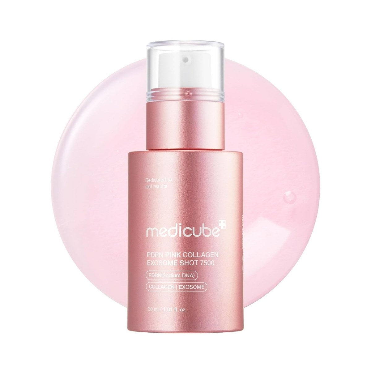 Medicube PDRN Pink Collagen Exosome Shot Serum 7500. Envase del sérum intensivo con exosomas, toma frontal.