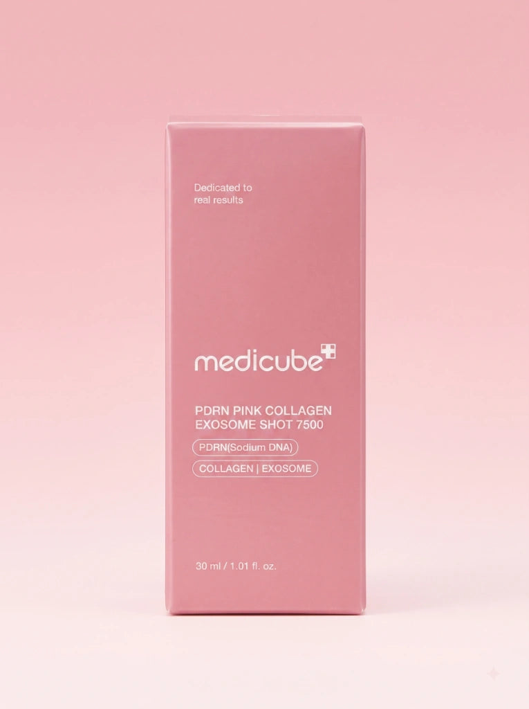 Medicube PDRN Pink Collagen Exosome Shot Serum 7500. Caja protectora exterior del tratamiento de colágeno.