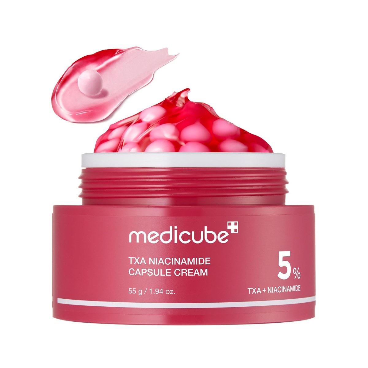 Medicube TXA Niacinamide Capsule Cream. Envase de la crema facial antimanchas coreana, toma frontal principal.