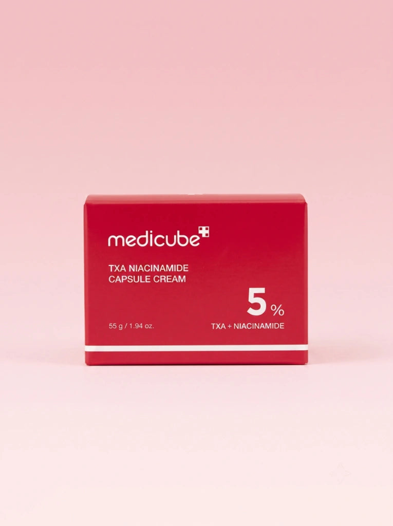 Medicube TXA Niacinamide Capsule Cream. Caja protectora exterior de la crema iluminadora con niacinamida.
