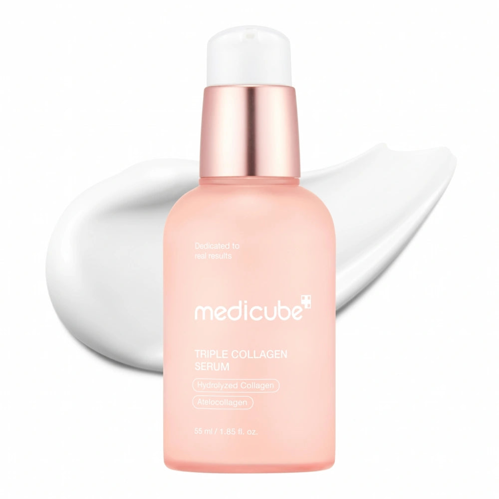 Medicube Triple Collagen Serum 4.0. Envase del sérum facial de colágeno coreano, toma frontal principal.