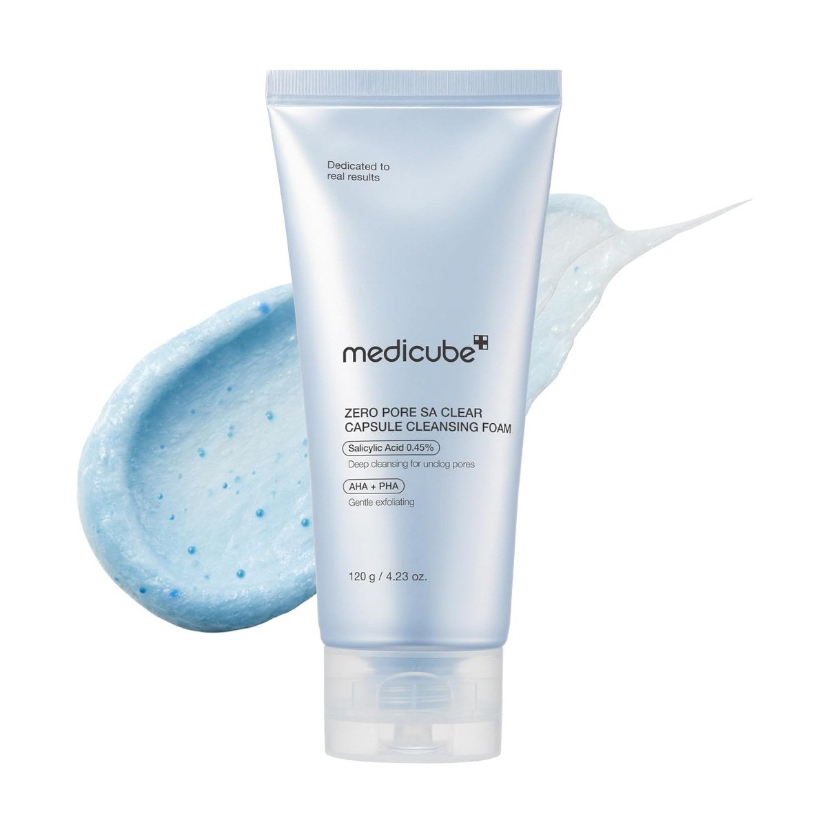 Medicube Zero Pore SA Clear Capsule Cleansing Foam. Envase de la espuma limpiadora con ácido salicílico, toma frontal.