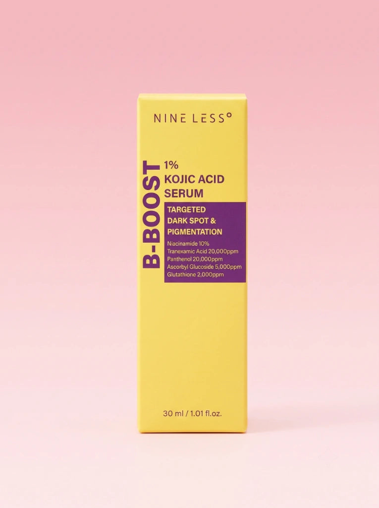 Nineless B-Boost 1% Kojic Acid Serum. Caja exterior de cartón del tratamiento facial iluminador intensivo.