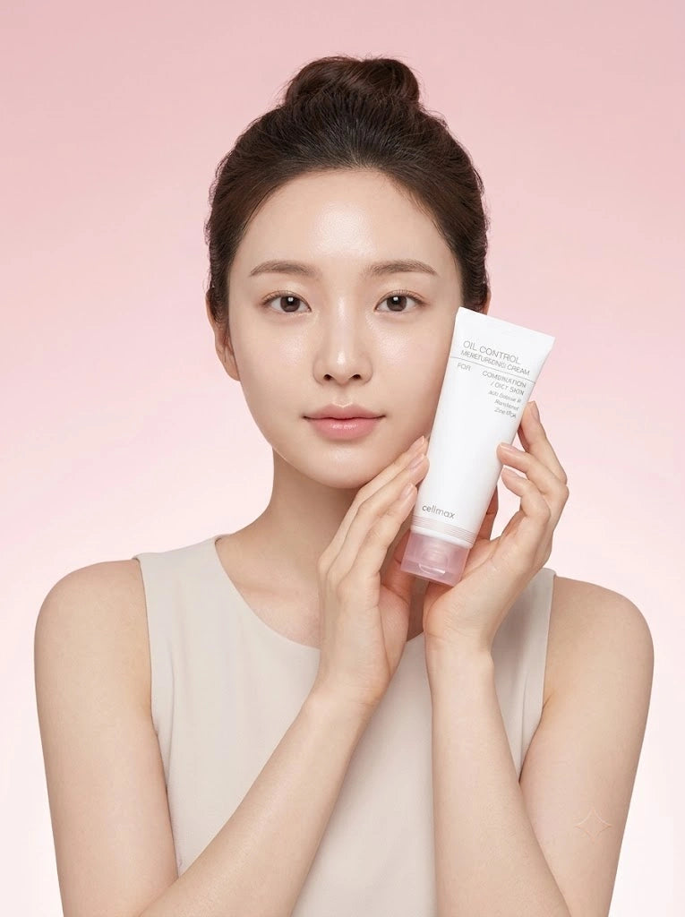Celimax Oil Control Moisturizing Cream. Modelo aplicando la crema hidratante para un rostro sin brillos.