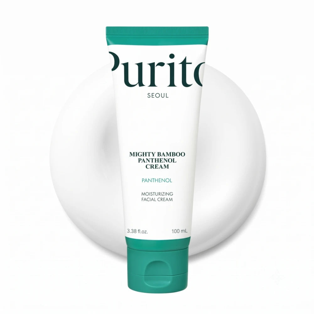 Purito Seoul Mighty Bamboo Panthenol Cream. Envase principal de la crema hidratante reparadora con pantenol.