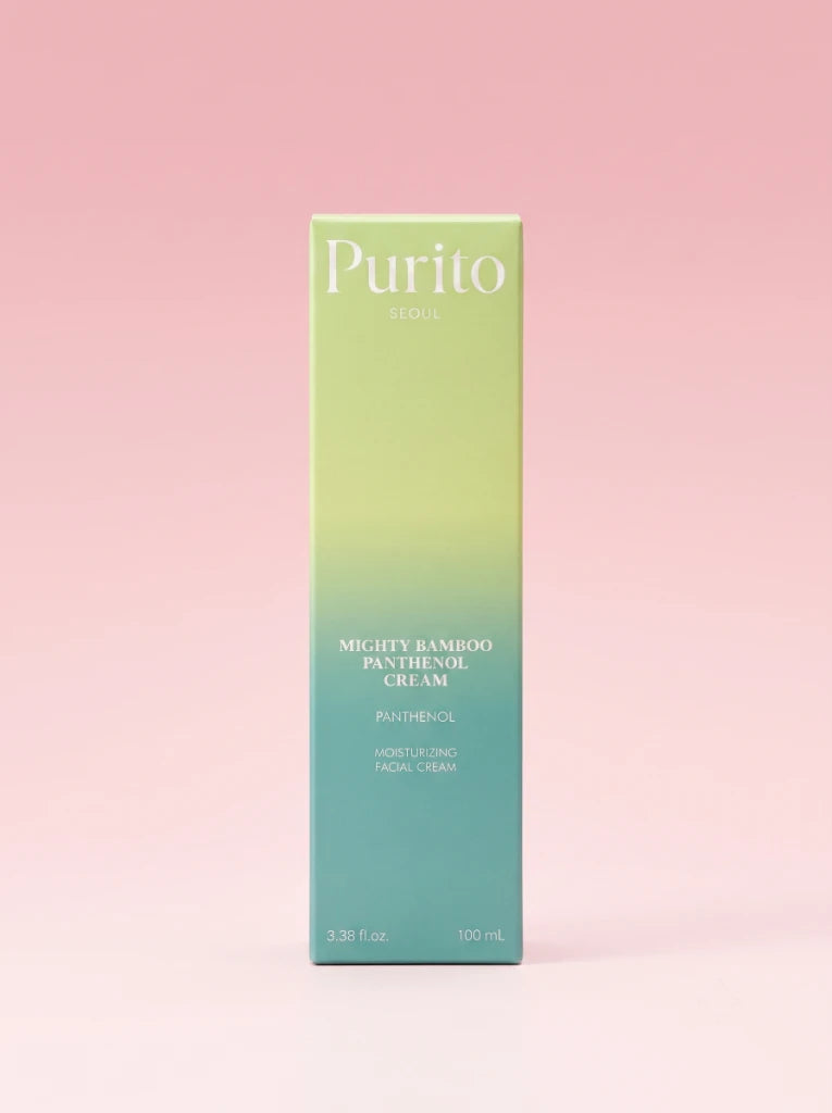 Purito Seoul Mighty Bamboo Panthenol Cream. Caja exterior de cartón de la crema hidratante facial con bambú.